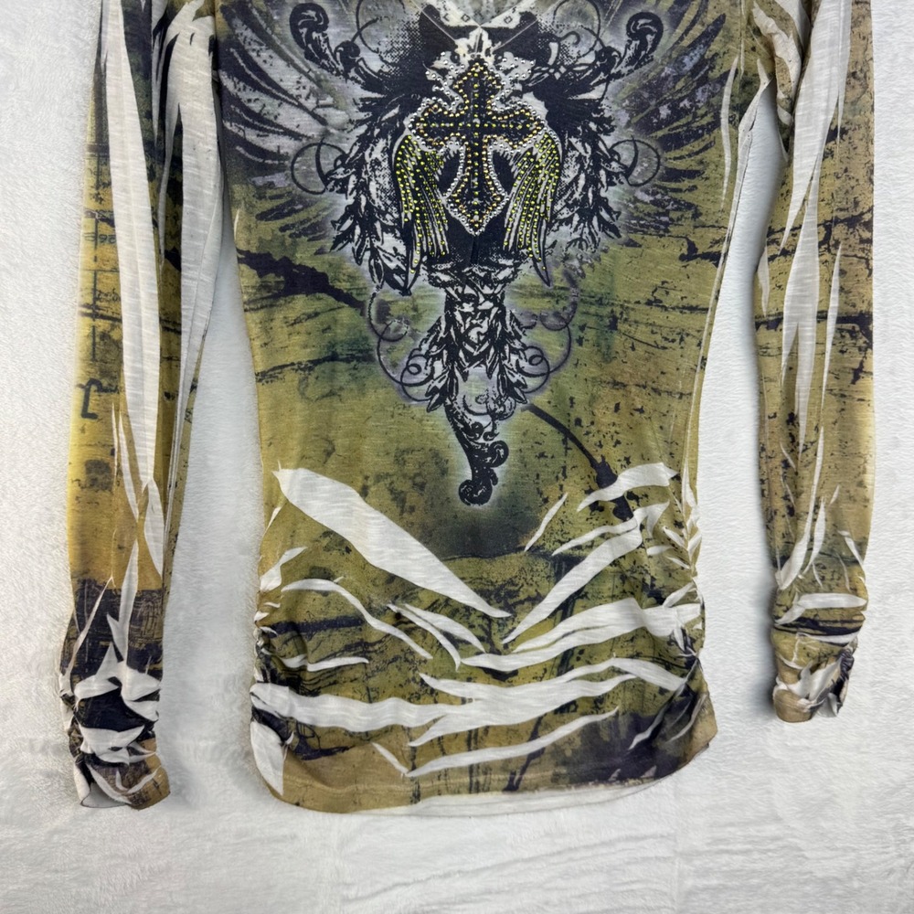Daytrip Womens Long Sleeve Graphic Tee Olive Green Winged Cross Rhinestone‎ S - Picture 4 of 6